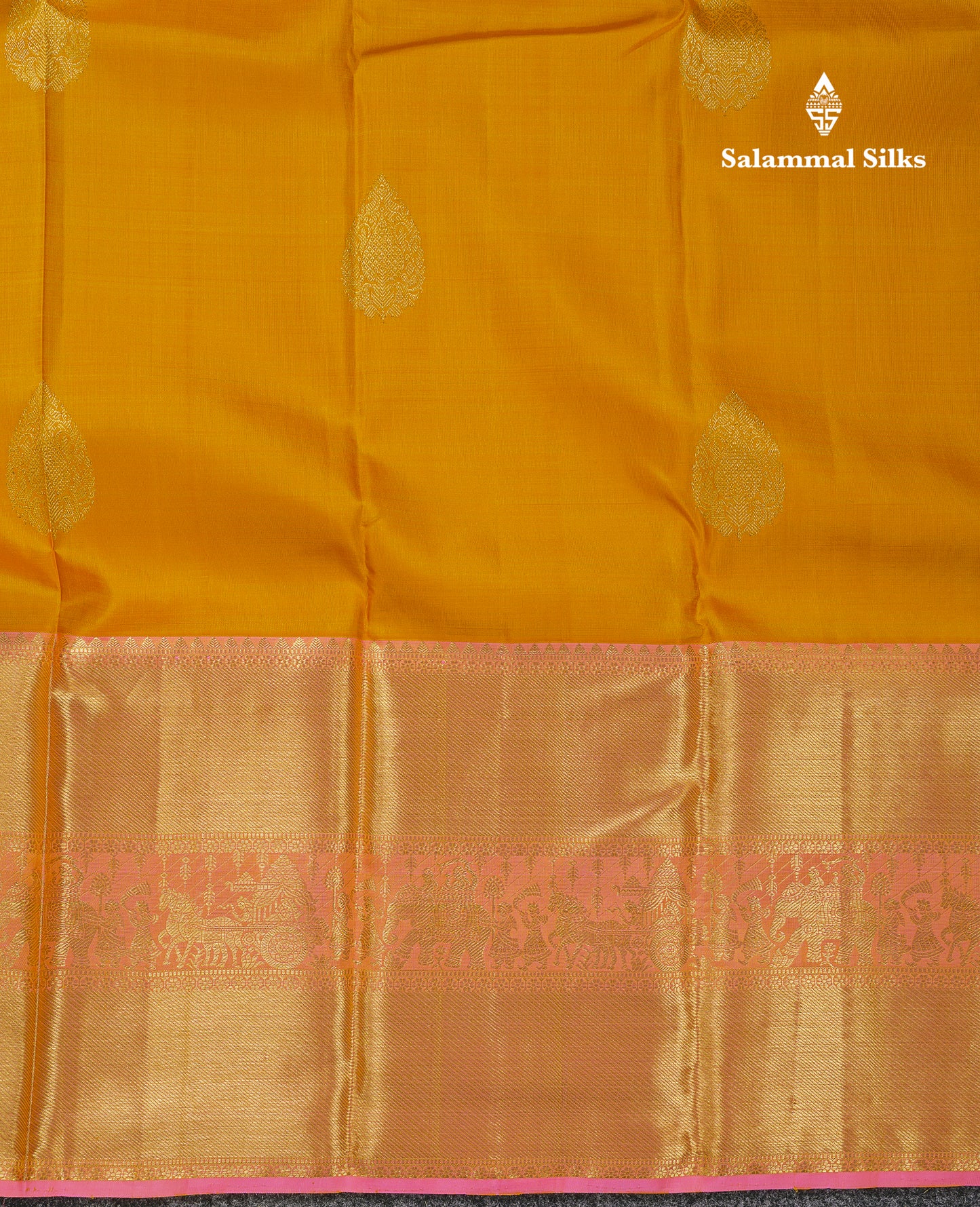 Beautiful Mustard Yellow Pure Kanjivaram Silk Saree with Contrast Peach Pink Traditional Evening Morning Pallakku Border