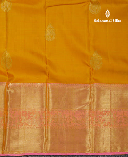 Beautiful Mustard Yellow Pure Kanjivaram Silk Saree with Contrast Peach Pink Traditional Evening Morning Pallakku Border