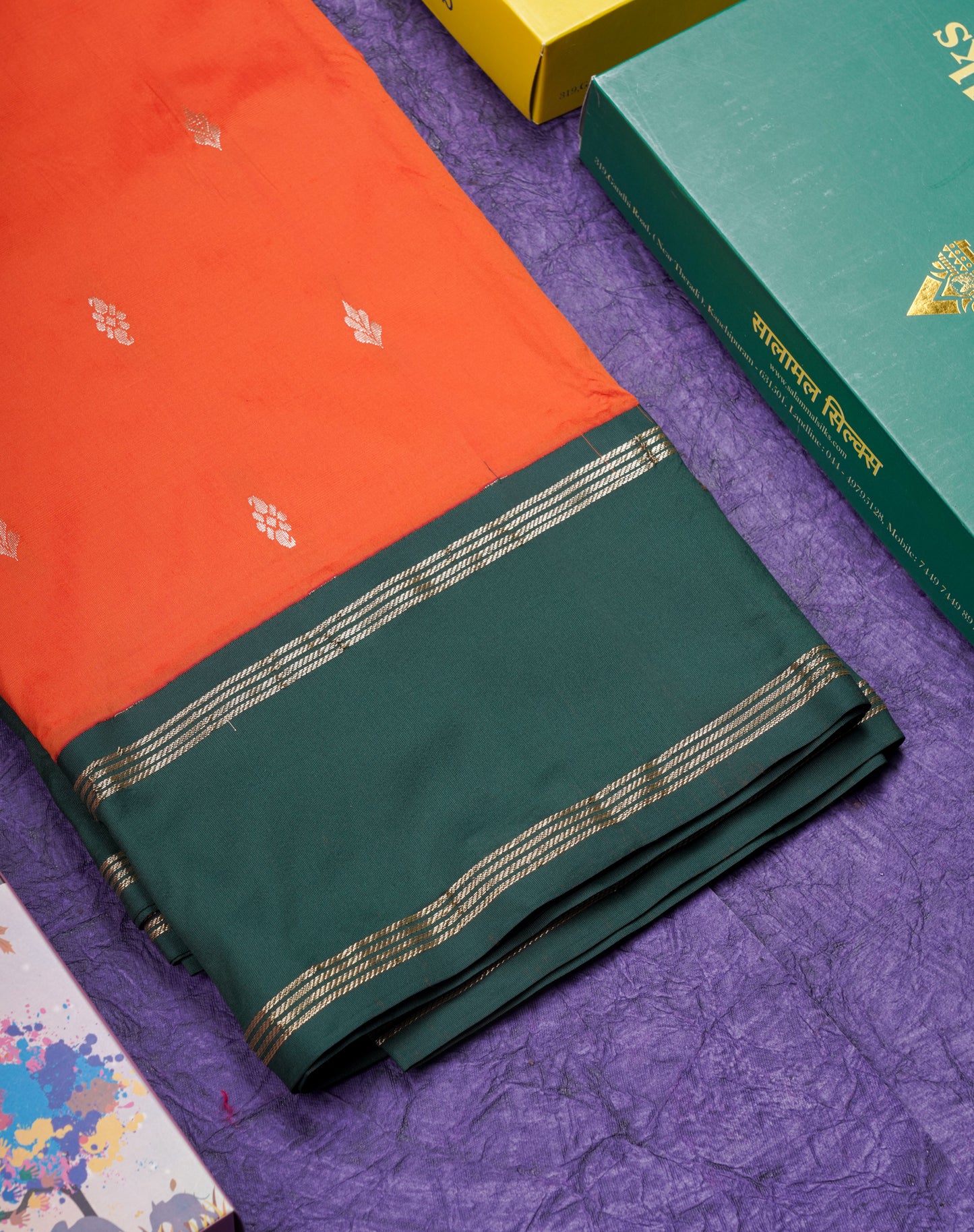 9 Yards Semi Silk Saree Orange with Contrast Bottle Green Traditional Gap Border