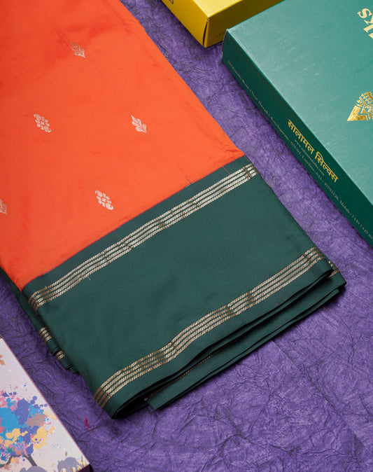 9 Yards Semi Silk Saree Orange with Contrast Bottle Green Traditional Gap Border