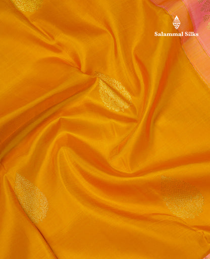 Beautiful Mustard Yellow Pure Kanjivaram Silk Saree with Contrast Peach Pink Traditional Evening Morning Pallakku Border