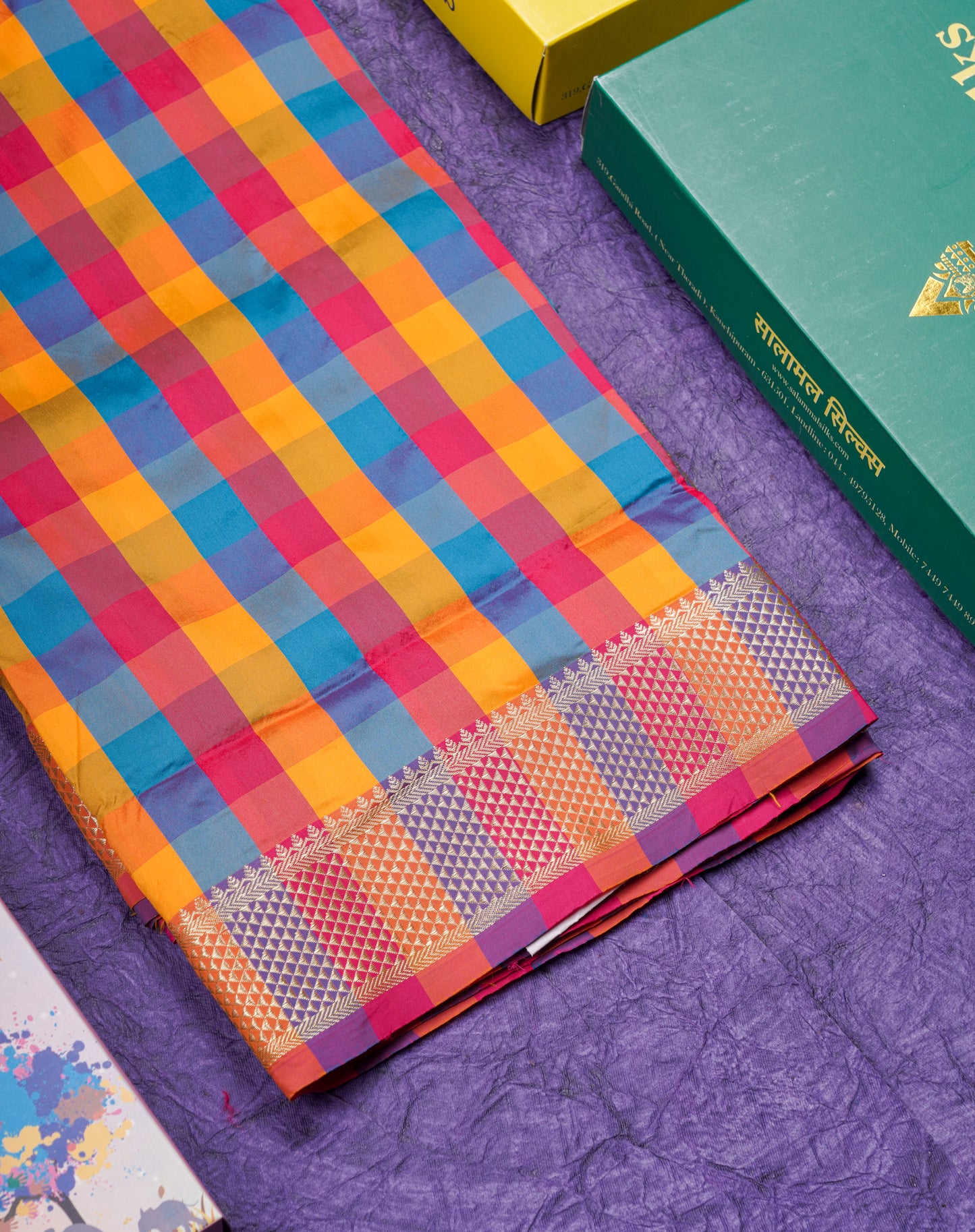 9.5 Yards Semi Silk Saree Multicolour Checks with Self Border