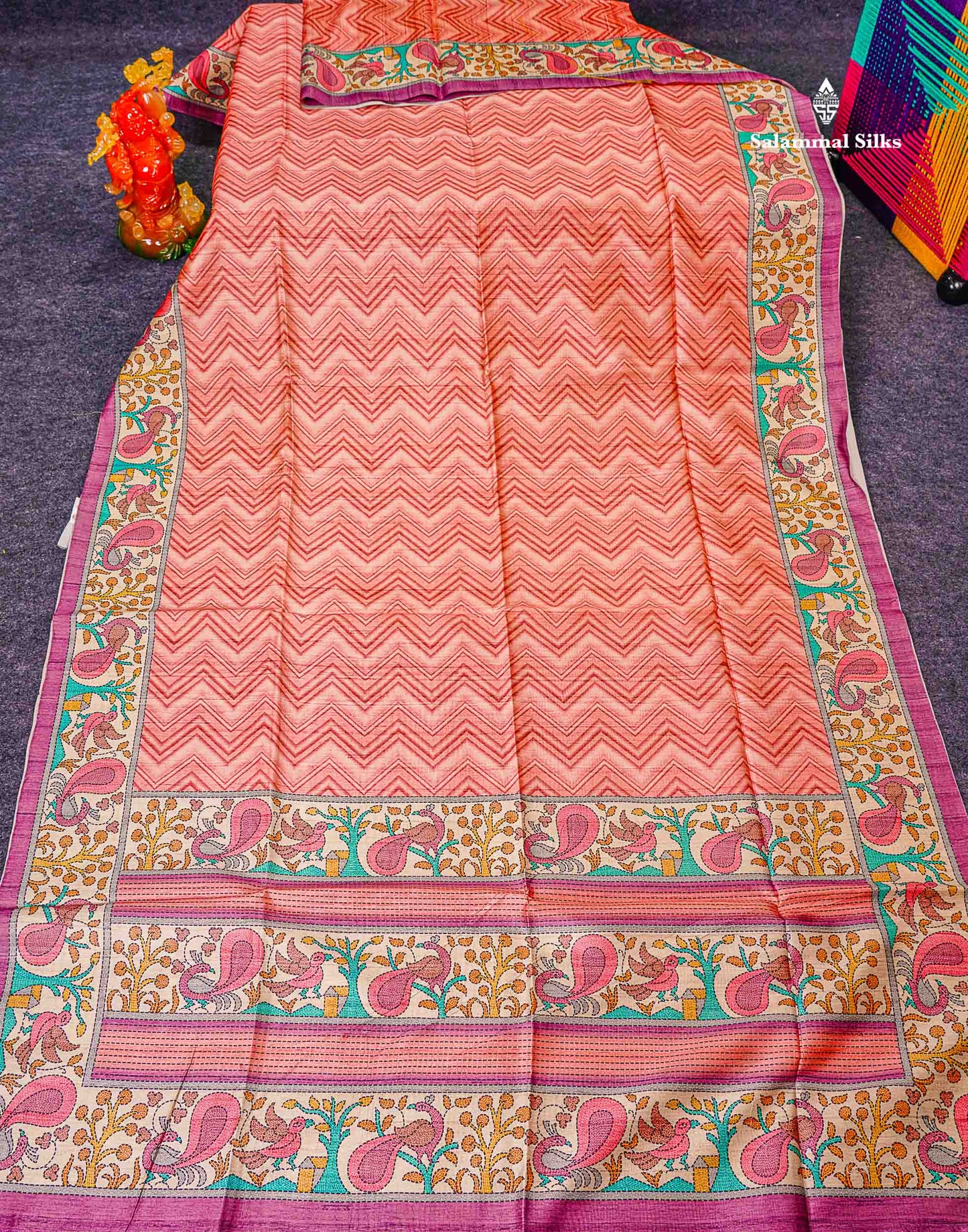 Semi Tussar Saree - Peach Wave Design Along With Contrast Light Pink Fancy Border
