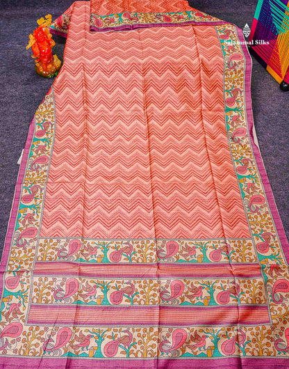 Semi Tussar Saree - Peach Wave Design Along With Contrast Light Pink Fancy Border