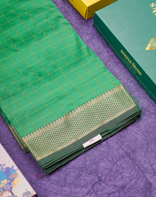 9 Yards Semi Silk Saree Green Checks With Traditional Border