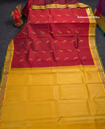 Korvai Beautiful Maroon Menakari Work Pure Kanjivaram Silk Saree With Contrast Yellow Small Traditional Medium Tissue Border
