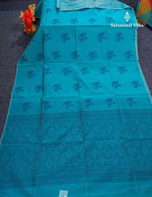 Beautiful Sapphire Blue Fancy Kora Cotton Saree With Blouse