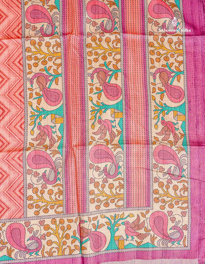 Semi Tussar Saree - Peach Wave Design Along With Contrast Light Pink Fancy Border