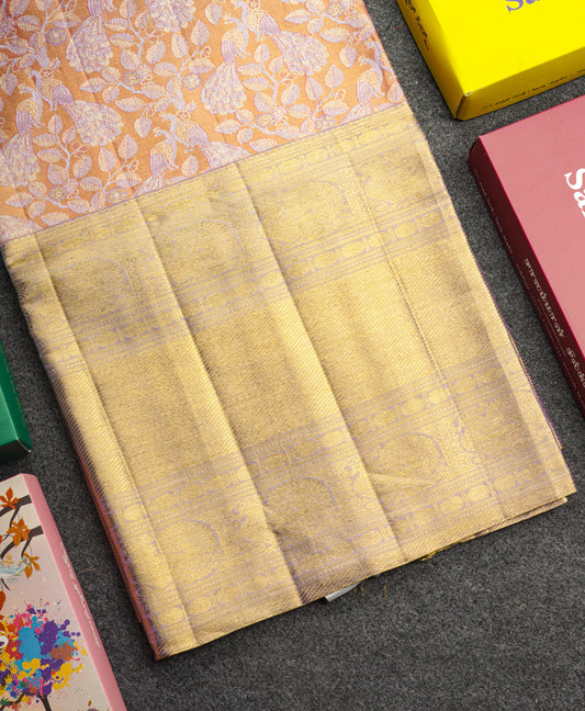 Beautiful Orange Tissue Pure Kanjivaram Silk Saree (2G) Zari With Contrast Lavender Border