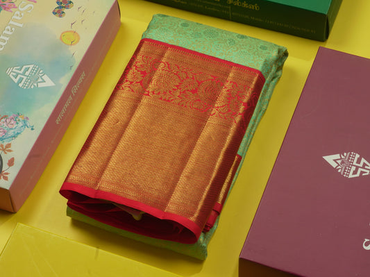 Rexona Green Pure Kanjivaram Silk Saree (2G) Zari With Contrast Red Border