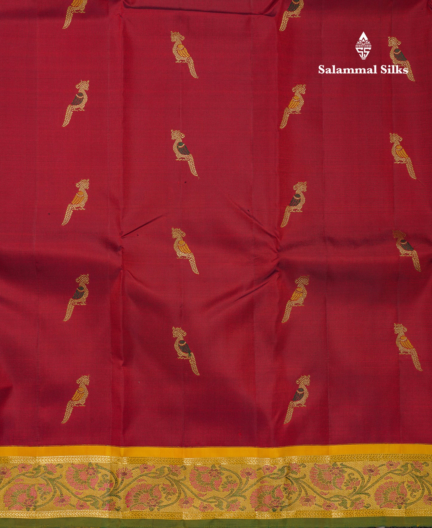 Korvai Beautiful Maroon Menakari Work Pure Kanjivaram Silk Saree With Contrast Yellow Small Traditional Medium Tissue Border