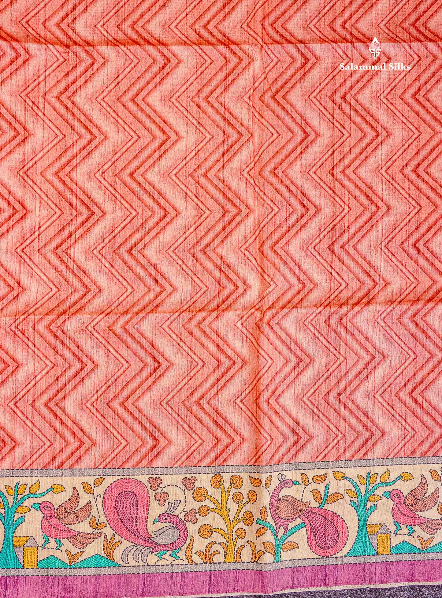 Semi Tussar Saree - Peach Wave Design Along With Contrast Light Pink Fancy Border