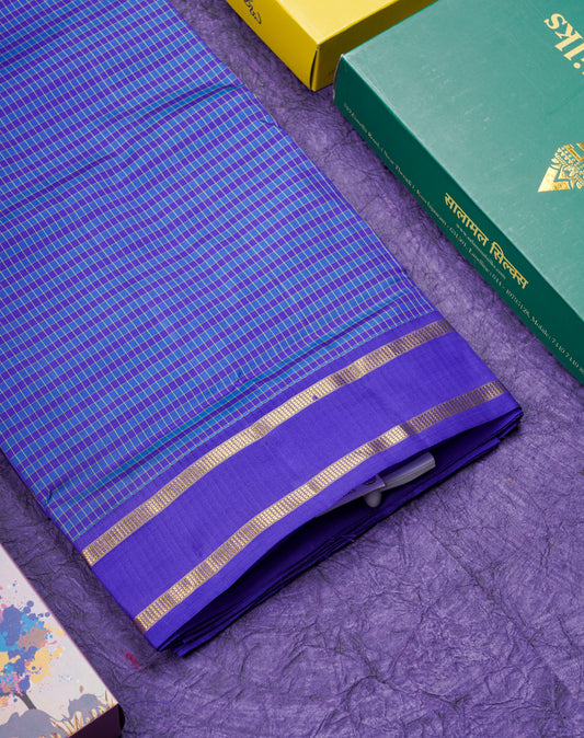 10 Yards Pure Silk Saree Blue & Violet Tiny Checks With Traditional Gap Border