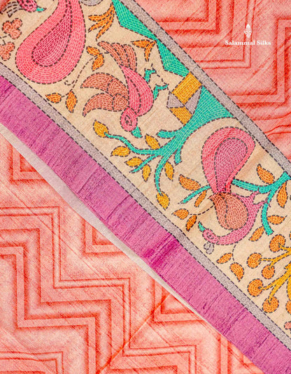 Semi Tussar Saree - Peach Wave Design Along With Contrast Light Pink Fancy Border