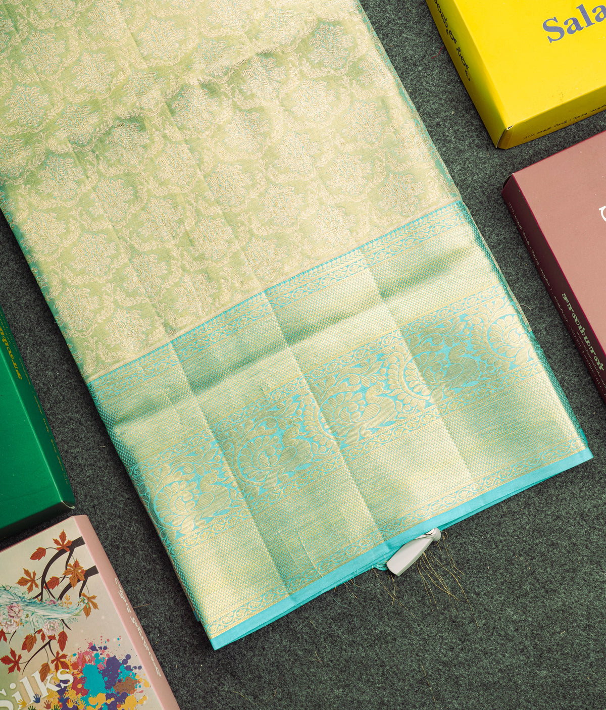 Rexona Green Tissue Bridal Pure Kanjivaram Silk Saree With Contrast Sky Blue Border