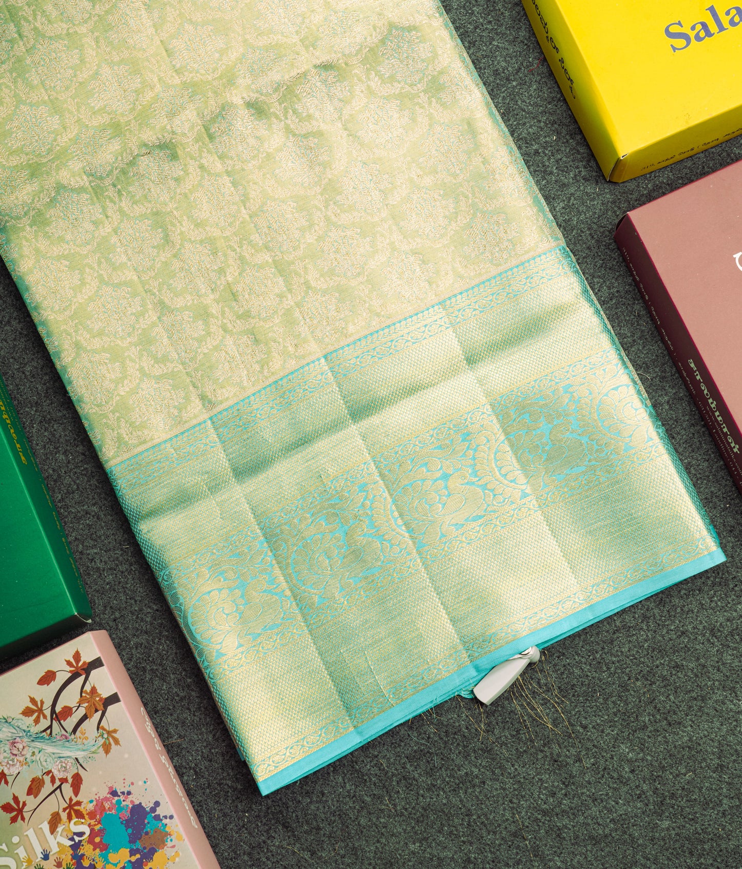 Rexona Green Tissue Bridal Pure Kanjivaram Silk Saree With Contrast Sky Blue Border