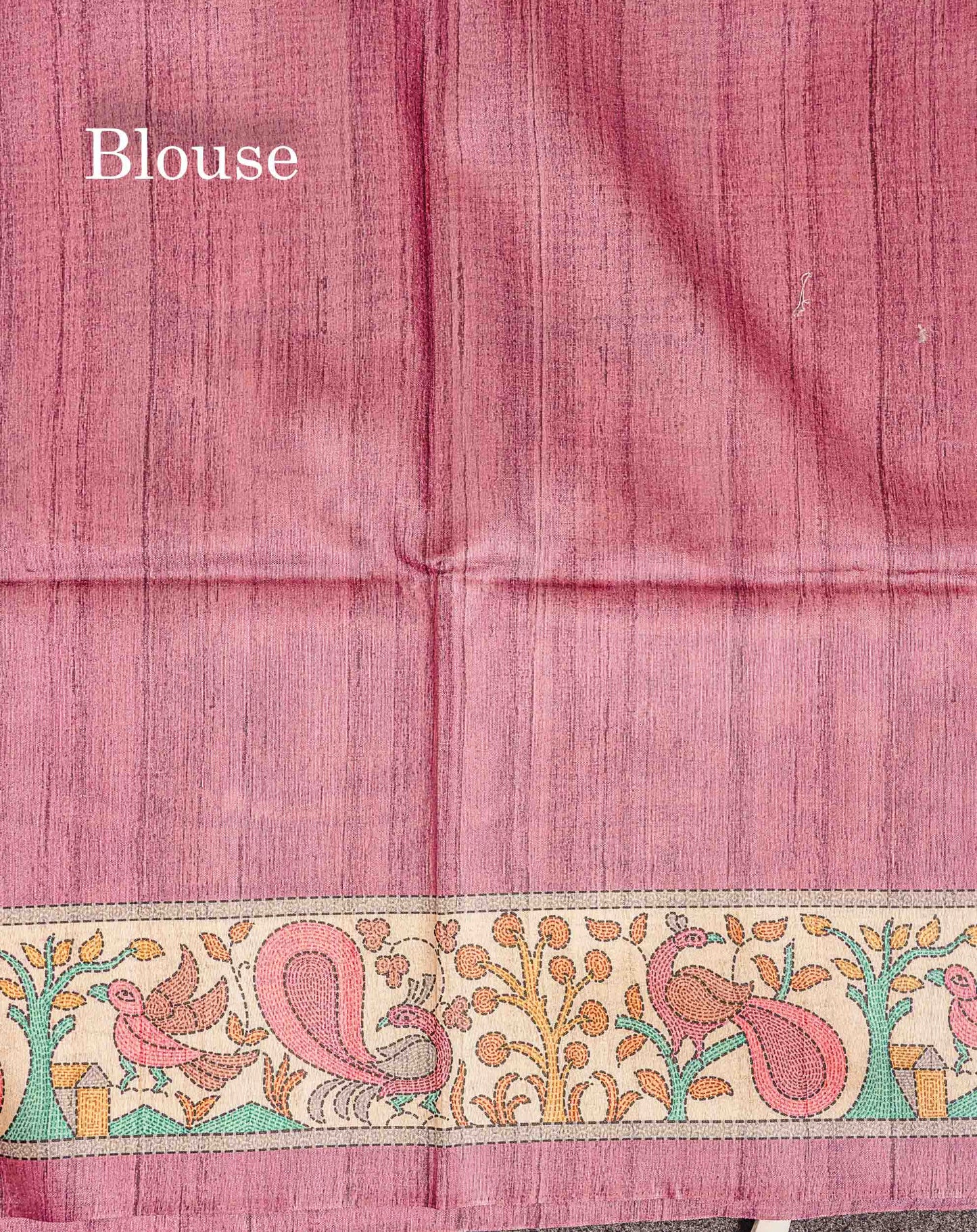 Semi Tussar Saree - Peach Wave Design Along With Contrast Light Pink Fancy Border