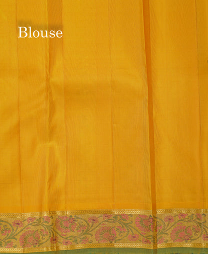 Korvai Beautiful Maroon Menakari Work Pure Kanjivaram Silk Saree With Contrast Yellow Small Traditional Medium Tissue Border