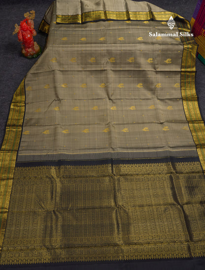 Beautiful Grey Pure Kanjivaram Silk Saree With Contrast Black Traditional Medium Border