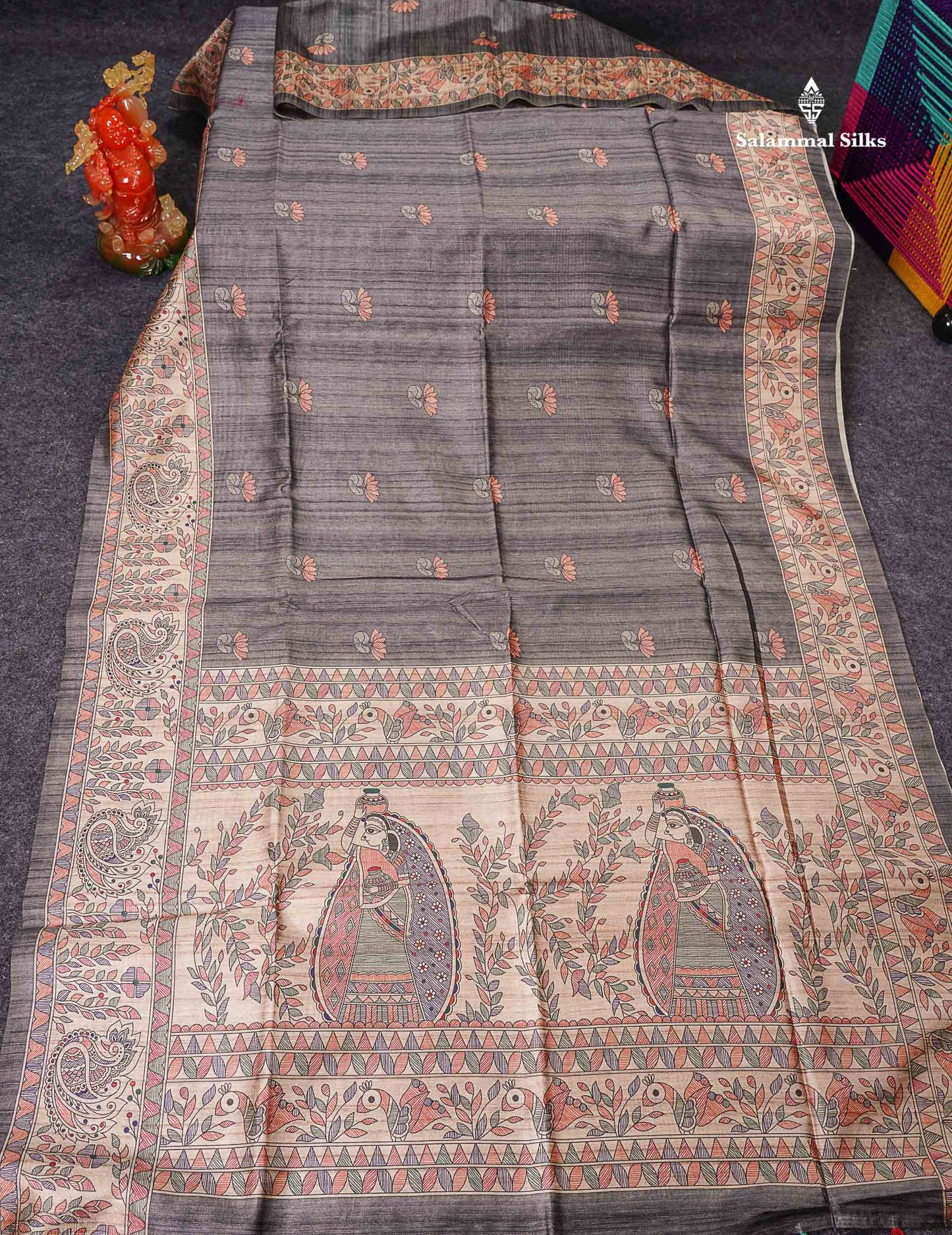 Semi Tussar Saree - Elephant Grey Along With  Fancy Border