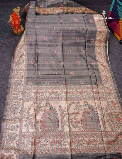Semi Tussar Saree - Elephant Grey Along With  Fancy Border