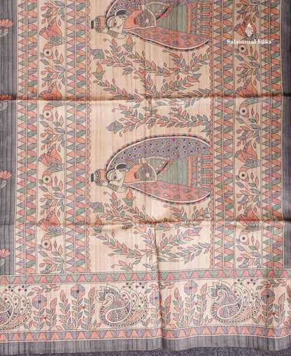 Semi Tussar Saree - Elephant Grey Along With  Fancy Border