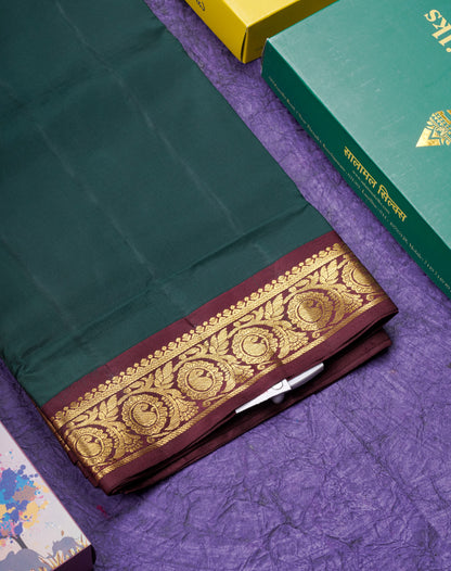 Beautiful Bottle Green 9Yards Pure Silk Saree With (3.6 inch) Dark Maroon Border