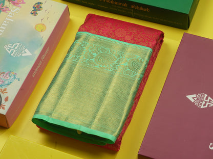 Beautiful Dual Tone Reddish Pink Pure Kanjivaram Silk Saree (2G) Zari With Contrast Rexona Green Border