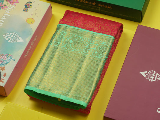 Beautiful Dual Tone Reddish Pink Pure Kanjivaram Silk Saree (2G) Zari With Contrast Rexona Green Border