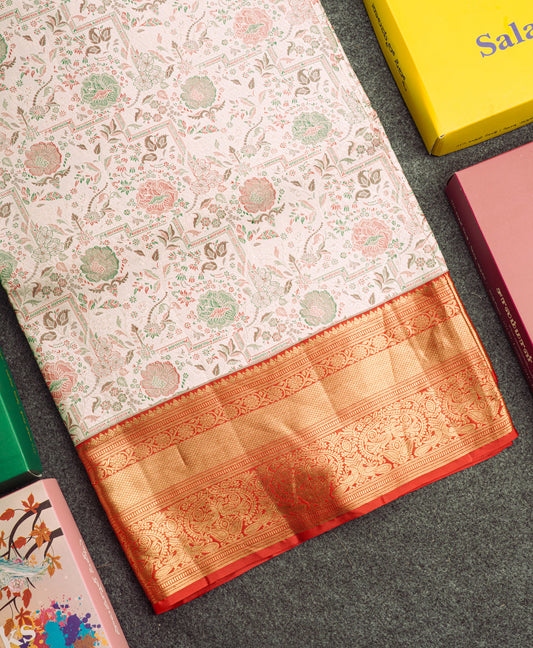 Beautiful Meenakari work White Bridal Pure Kanjivaram Silk Saree With Contrast Chilly Red Border
