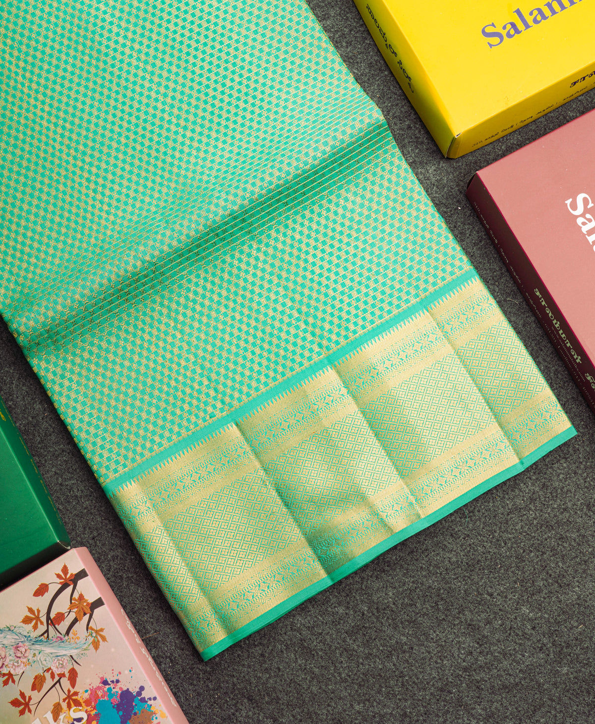 Sapphire Green Bridal Pure Kanjivaram Silk Saree With Self Border