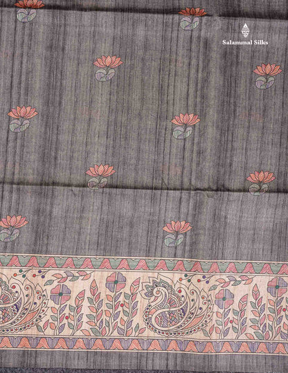 Semi Tussar Saree - Elephant Grey Along With  Fancy Border