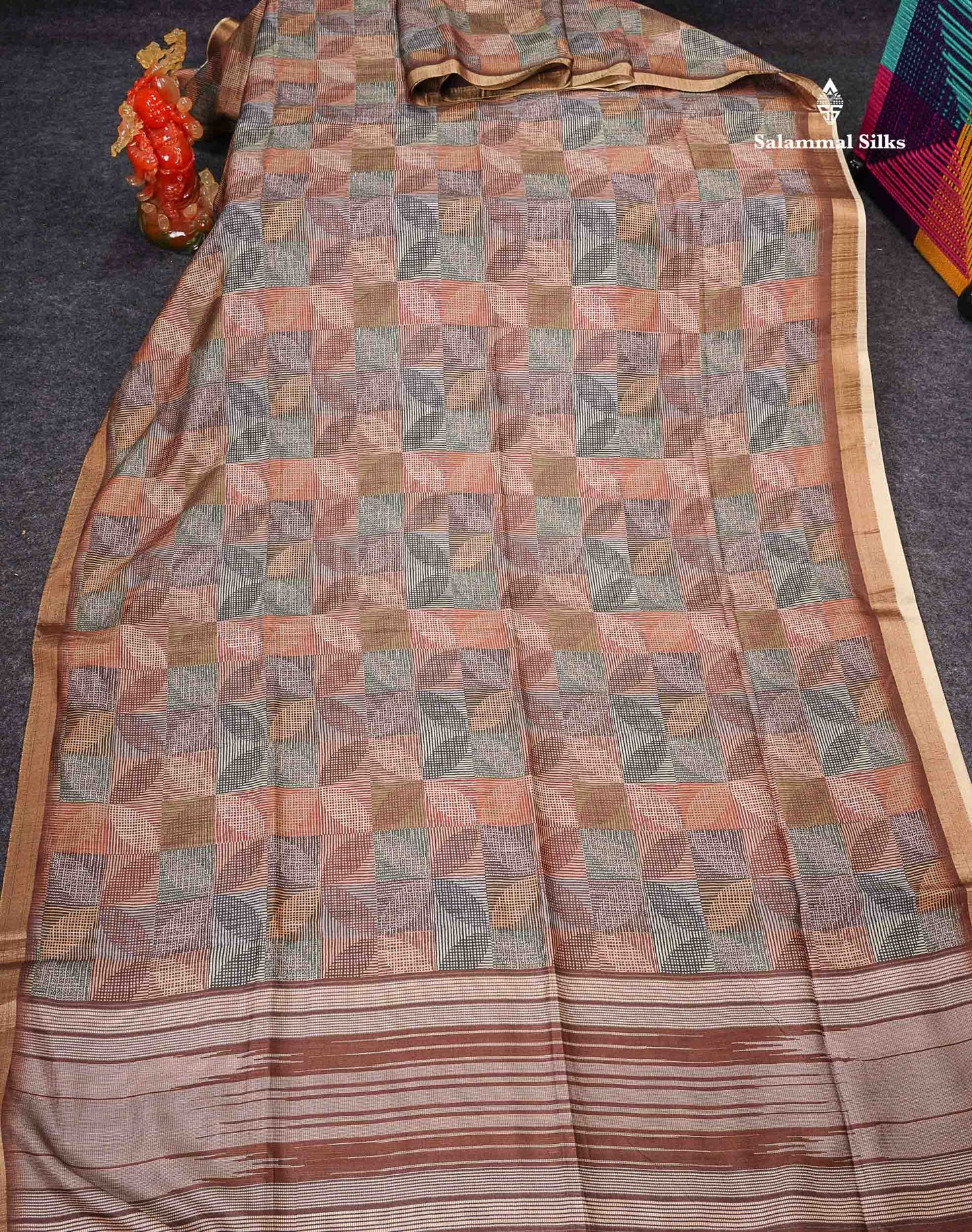 Semi Tussar Saree - Multi Colour Printed Along With Contrast Brown Blouse