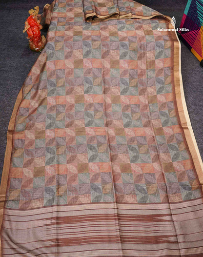 Semi Tussar Saree - Multi Colour Printed Along With Contrast Brown Blouse