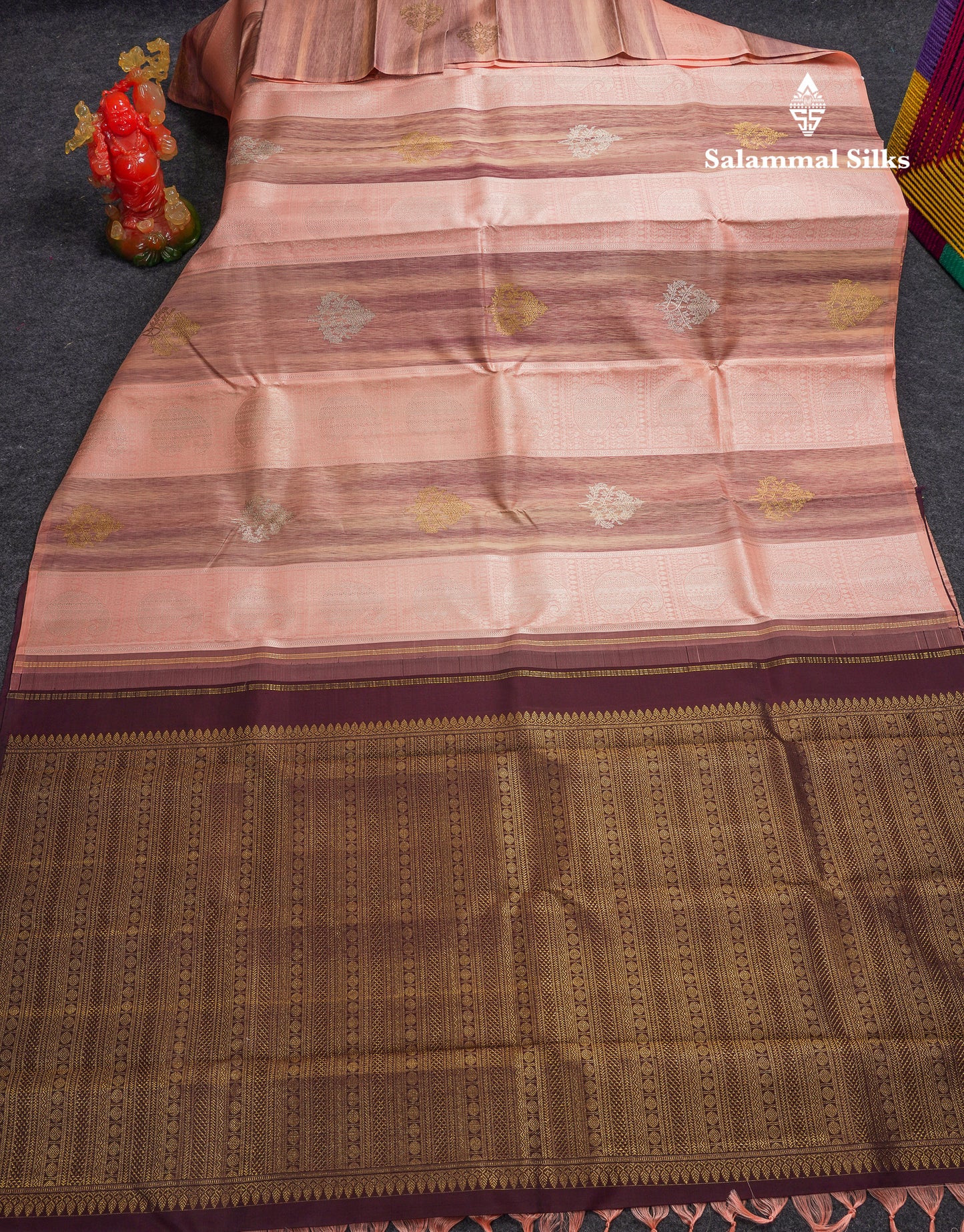 Beautiful Peach Fancy Pure Kanjivaram Silk Saree With Contrast Dark Brown Blouse