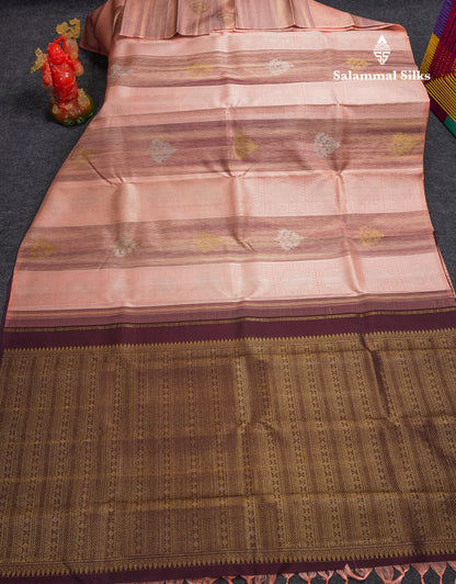 Beautiful Peach Fancy Pure Kanjivaram Silk Saree With Contrast Dark Brown Blouse