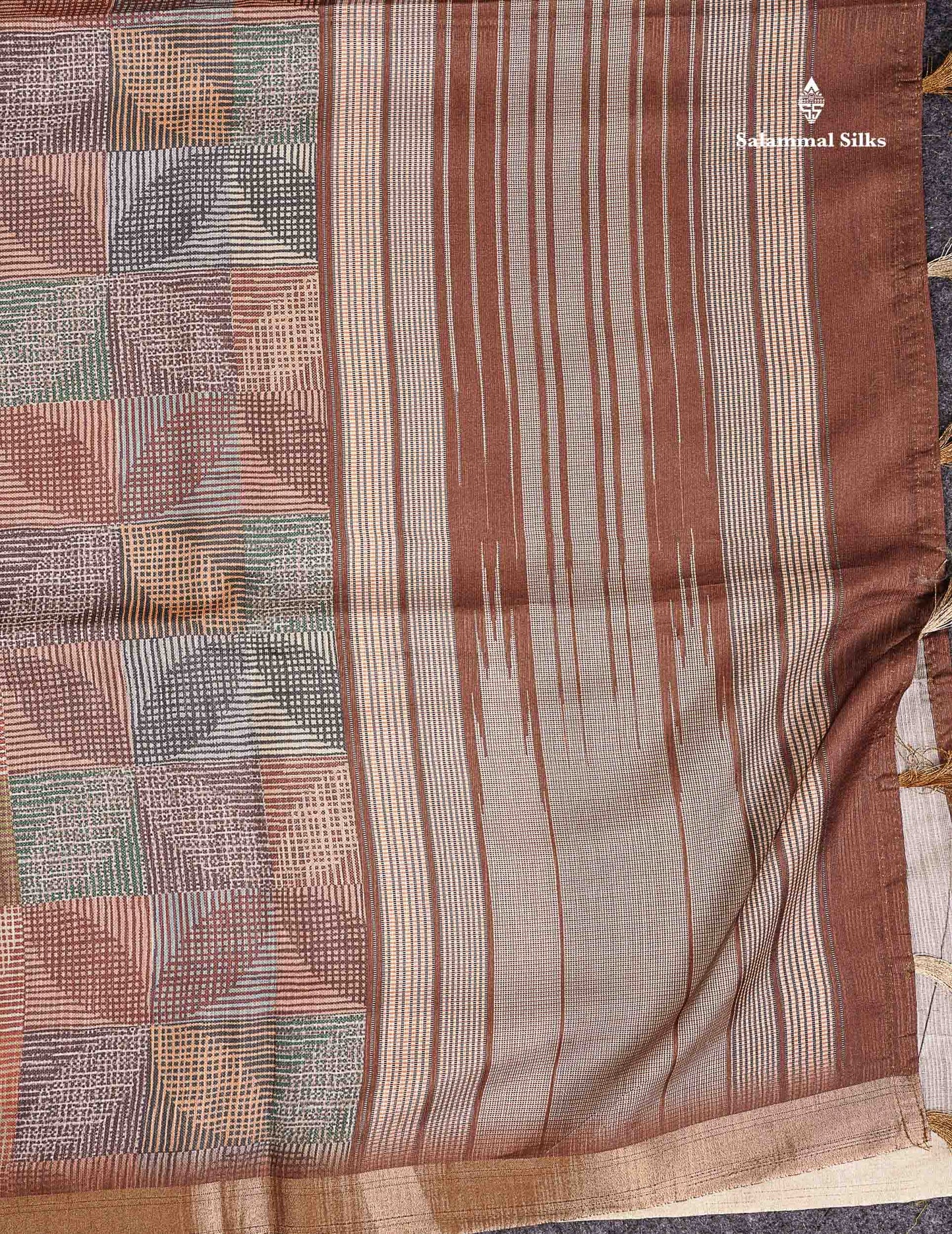 Semi Tussar Saree - Multi Colour Printed Along With Contrast Brown Blouse