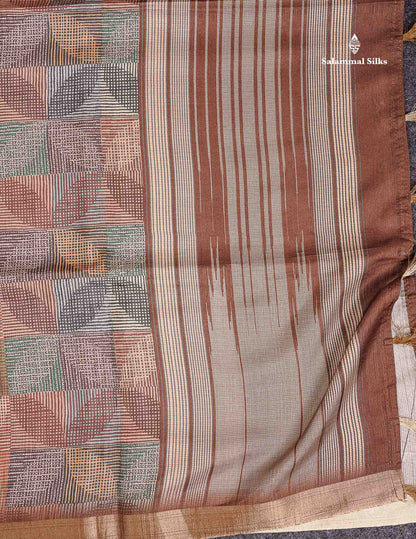 Semi Tussar Saree - Multi Colour Printed Along With Contrast Brown Blouse