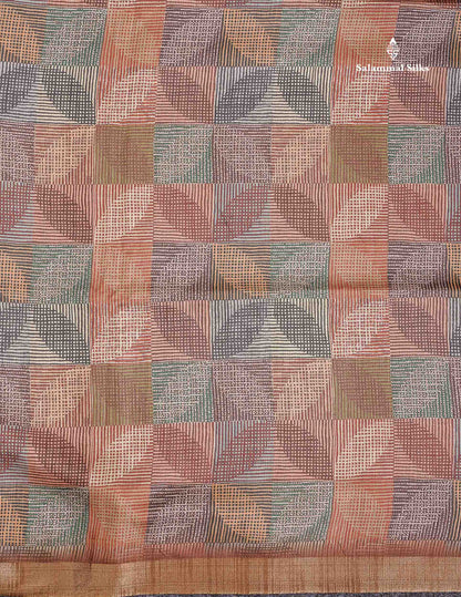 Semi Tussar Saree - Multi Colour Printed Along With Contrast Brown Blouse