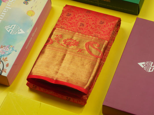 Meenakari work Beautiful Chilly Red Pure Kanjivaram Silk Saree (2G) Zari With Self Border