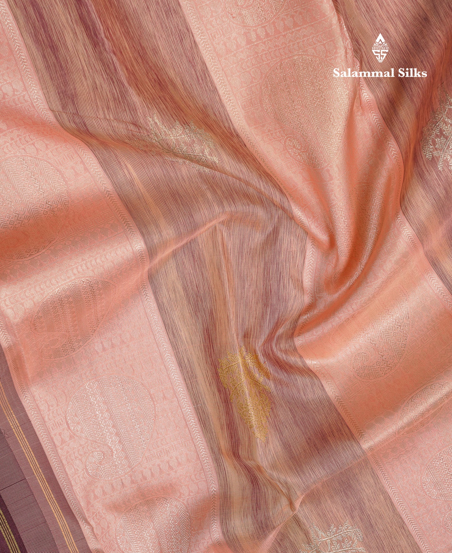 Beautiful Peach Fancy Pure Kanjivaram Silk Saree With Contrast Dark Brown Blouse