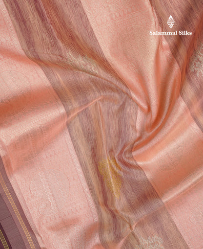Beautiful Peach Fancy Pure Kanjivaram Silk Saree With Contrast Dark Brown Blouse