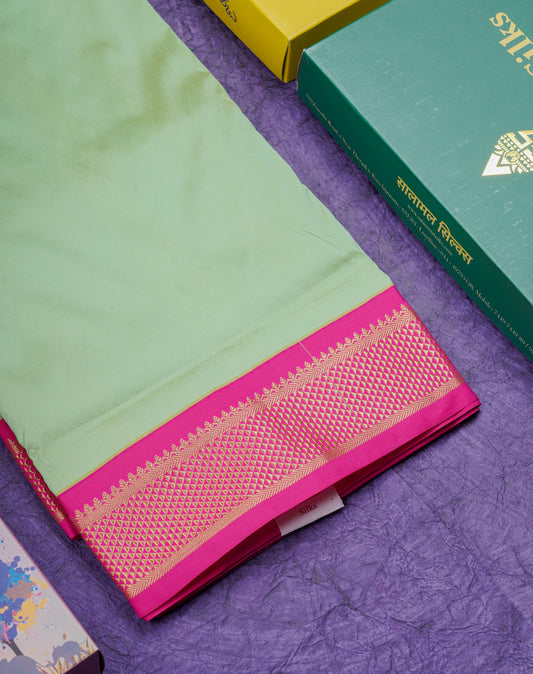 9 Yards Semi Silk Saree Pista Green with Contrast Pink Border