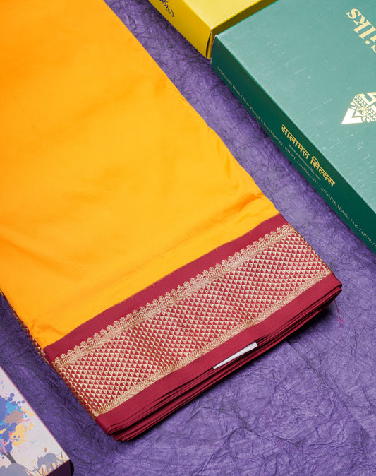 9 Yards Semi Silk Saree Mango Yellow with Contrast Maroon Border