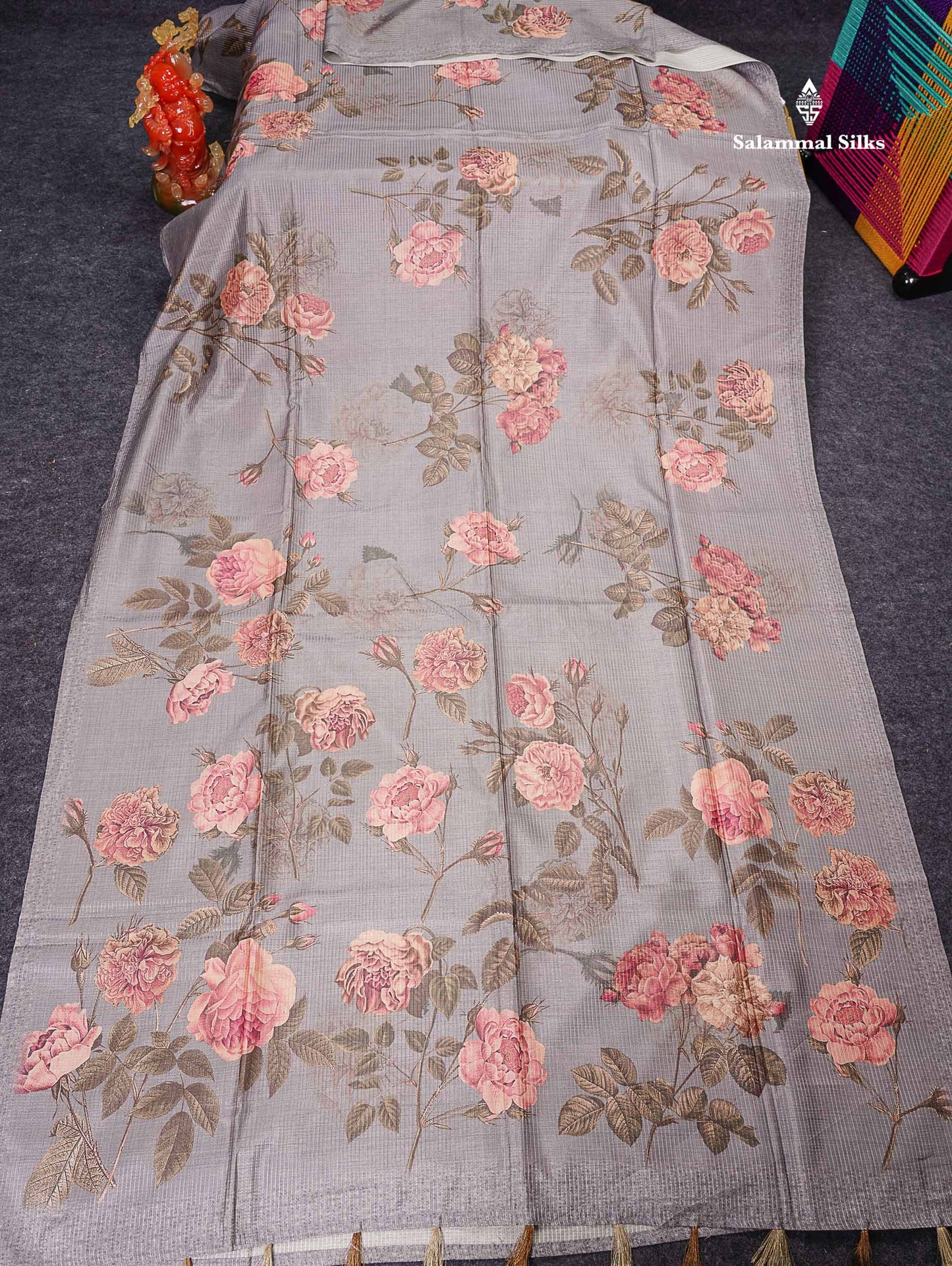 Semi Tussar Saree - Light Grey Vaira Oosi Lines Border Less  Floral Design Fancy Saree