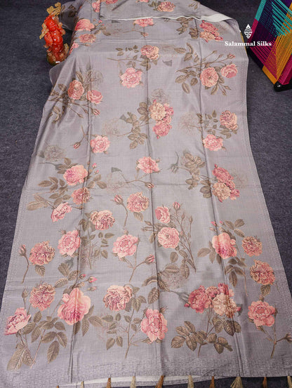 Semi Tussar Saree - Light Grey Vaira Oosi Lines Border Less  Floral Design Fancy Saree