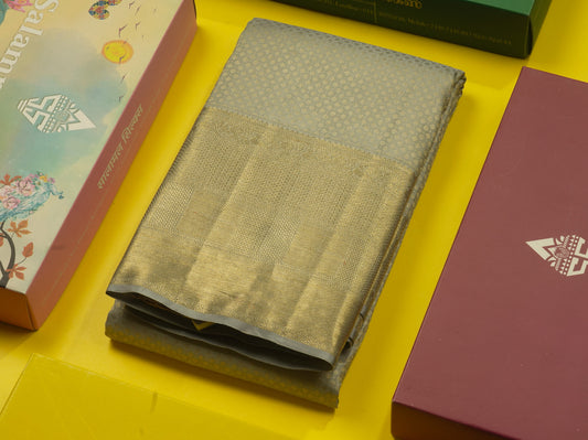 Beautiful Grey Pure Kanjivaram Silk Saree With Self Border