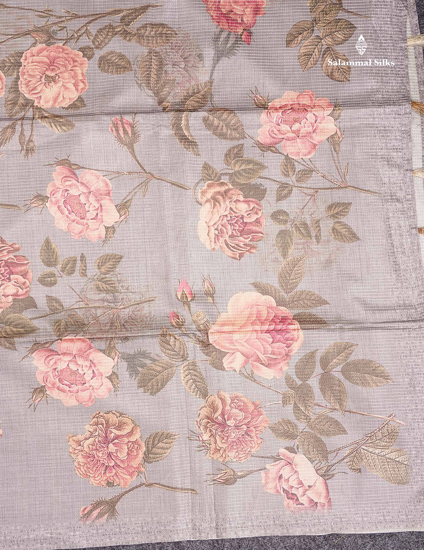 Semi Tussar Saree - Light Grey Vaira Oosi Lines Border Less  Floral Design Fancy Saree