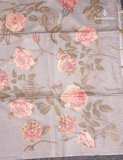 Semi Tussar Saree - Light Grey Vaira Oosi Lines Border Less  Floral Design Fancy Saree