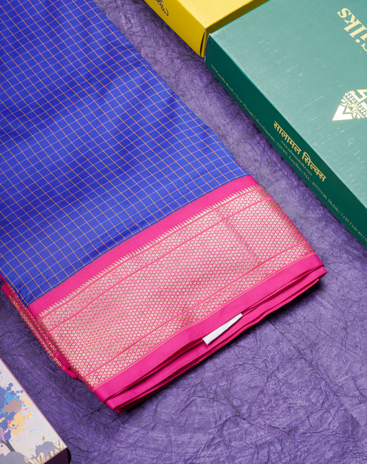 9 Yards Semi Silk Saree Violet with Contrast Pink Border